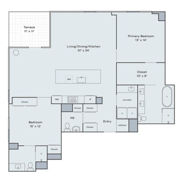 Rendering of the C3P floor plan with 2 bedroom[s] and 2.5 bathroom[s] at Raye Apartments