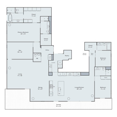 Rendering of the DPH4 with Den floor plan with 3 bedroom[s] and 4.5 bathroom[s] at Raye Apartments