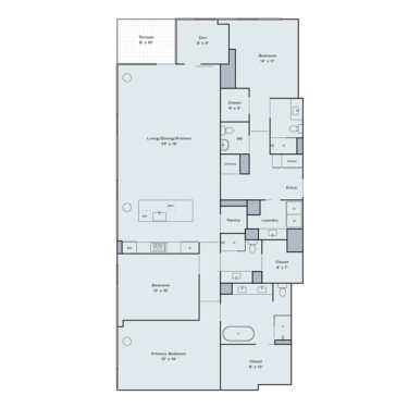 Rendering of the D6P with floor plan with 3 bedroom[s] and 3.5 bathroom[s] at Raye Apartments